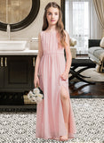 Maleah A-Line Scoop Neck Floor-Length Chiffon Junior Bridesmaid Dress With Ruffle Split Front STKP0013425