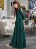 Karly A-Line V-neck Floor-Length Chiffon Junior Bridesmaid Dress With Ruffles STKP0013427