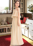 Madge A-Line Square Neckline Floor-Length Chiffon Junior Bridesmaid Dress With Bow(s) Cascading Ruffles STKP0013428