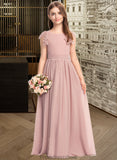 Lacey A-Line Scoop Neck Floor-Length Chiffon Lace Junior Bridesmaid Dress With Bow(s) STKP0013429