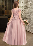 Lacey A-Line Scoop Neck Floor-Length Chiffon Lace Junior Bridesmaid Dress With Bow(s) STKP0013429