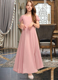 Emelia A-Line V-neck Floor-Length Chiffon Junior Bridesmaid Dress With Ruffle STKP0013437