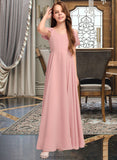 Emelia A-Line V-neck Floor-Length Chiffon Junior Bridesmaid Dress With Ruffle STKP0013437