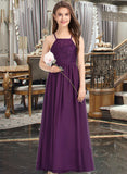 Claudia A-Line Square Neckline Floor-Length Chiffon Lace Junior Bridesmaid Dress With Bow(s) STKP0013438