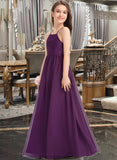 Claudia A-Line Square Neckline Floor-Length Chiffon Lace Junior Bridesmaid Dress With Bow(s) STKP0013438