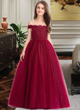 Rosalie Ball-Gown/Princess Off-the-Shoulder Floor-Length Tulle Lace Junior Bridesmaid Dress With Beading Sequins STKP0013440