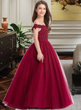 Rosalie Ball-Gown/Princess Off-the-Shoulder Floor-Length Tulle Lace Junior Bridesmaid Dress With Beading Sequins STKP0013440