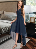 Ariella A-Line Scoop Neck Asymmetrical Chiffon Junior Bridesmaid Dress With Bow(s) Ruffles STKP0013445