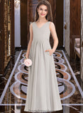 Eva A-Line V-neck Floor-Length Chiffon Junior Bridesmaid Dress With Pockets STKP0013446