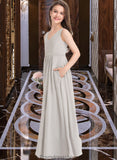 Eva A-Line V-neck Floor-Length Chiffon Junior Bridesmaid Dress With Pockets STKP0013446