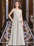 Eva A-Line V-neck Floor-Length Chiffon Junior Bridesmaid Dress With Pockets STKP0013446