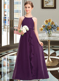 Leanna A-Line Scoop Neck Floor-Length Chiffon Junior Bridesmaid Dress With Bow(s) Cascading Ruffles STKP0013448