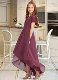 Daisy A-Line V-neck Asymmetrical Chiffon Lace Junior Bridesmaid Dress With Ruffle STKP0013453