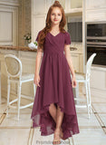 Daisy A-Line V-neck Asymmetrical Chiffon Lace Junior Bridesmaid Dress With Ruffle STKP0013453