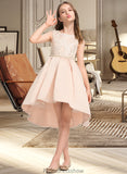 Setlla A-Line Scoop Neck Asymmetrical Satin Lace Junior Bridesmaid Dress With Beading Pockets STKP0013455