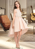 Setlla A-Line Scoop Neck Asymmetrical Satin Lace Junior Bridesmaid Dress With Beading Pockets STKP0013455