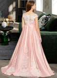 Millie Ball-Gown/Princess Off-the-Shoulder Sweep Train Satin Lace Junior Bridesmaid Dress STKP0013460