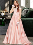 Millie Ball-Gown/Princess Off-the-Shoulder Sweep Train Satin Lace Junior Bridesmaid Dress STKP0013460