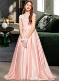 Millie Ball-Gown/Princess Off-the-Shoulder Sweep Train Satin Lace Junior Bridesmaid Dress STKP0013460