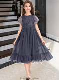 Lily A-Line Scoop Neck Knee-Length Chiffon Lace Junior Bridesmaid Dress With Cascading Ruffles STKP0013462