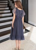 Lily A-Line Scoop Neck Knee-Length Chiffon Lace Junior Bridesmaid Dress With Cascading Ruffles STKP0013462