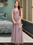 Alina A-Line V-neck Floor-Length Chiffon Junior Bridesmaid Dress With Cascading Ruffles STKP0013464