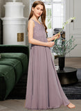 Aileen A-Line V-neck Floor-Length Chiffon Lace Junior Bridesmaid Dress STKP0013476