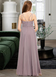 Aileen A-Line V-neck Floor-Length Chiffon Lace Junior Bridesmaid Dress STKP0013476