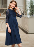 Kimora A-Line Scoop Neck Tea-Length Chiffon Lace Junior Bridesmaid Dress STKP0013477