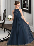 Corinne A-Line Scoop Neck Floor-Length Chiffon Lace Junior Bridesmaid Dress With Ruffle Beading STKP0013488