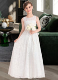 Brynn A-Line Scoop Neck Floor-Length Lace Junior Bridesmaid Dress With Sash Bow(s) STKP0013490