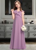 Maeve A-Line V-neck Floor-Length Chiffon Junior Bridesmaid Dress With Bow(s) Cascading Ruffles STKP0013494