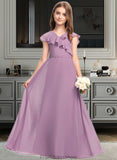 Maeve A-Line V-neck Floor-Length Chiffon Junior Bridesmaid Dress With Bow(s) Cascading Ruffles STKP0013494