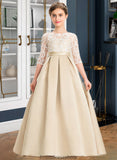 Arianna Ball-Gown/Princess Scoop Neck Floor-Length Satin Lace Junior Bridesmaid Dress STKP0013498