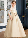 Arianna Ball-Gown/Princess Scoop Neck Floor-Length Satin Lace Junior Bridesmaid Dress STKP0013498