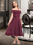 Raquel A-Line Off-the-Shoulder Tea-Length Chiffon Lace Junior Bridesmaid Dress STKP0013505