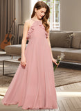 Cassie A-Line Square Neckline Floor-Length Chiffon Junior Bridesmaid Dress With Cascading Ruffles STKP0013509