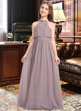 Angela A-Line High Neck Floor-Length Chiffon Junior Bridesmaid Dress With Bow(s) Cascading Ruffles STKP0013512