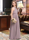 Angela A-Line High Neck Floor-Length Chiffon Junior Bridesmaid Dress With Bow(s) Cascading Ruffles STKP0013512