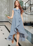 Salma A-Line V-neck Asymmetrical Chiffon Junior Bridesmaid Dress With Bow(s) Cascading Ruffles STKP0013522