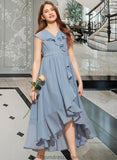 Salma A-Line V-neck Asymmetrical Chiffon Junior Bridesmaid Dress With Bow(s) Cascading Ruffles STKP0013522