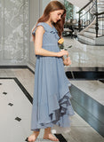 Salma A-Line V-neck Asymmetrical Chiffon Junior Bridesmaid Dress With Bow(s) Cascading Ruffles STKP0013522