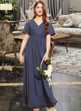 Cecilia A-Line V-neck Floor-Length Chiffon Lace Junior Bridesmaid Dress With Bow(s) STKP0013523