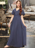 Cecilia A-Line V-neck Floor-Length Chiffon Lace Junior Bridesmaid Dress With Bow(s) STKP0013523