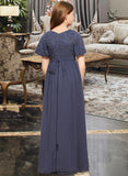 Cecilia A-Line V-neck Floor-Length Chiffon Lace Junior Bridesmaid Dress With Bow(s) STKP0013523