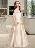 Janae Ball-Gown/Princess Off-the-Shoulder Floor-Length Satin Lace Junior Bridesmaid Dress With Bow(s) Pockets STKP0013530