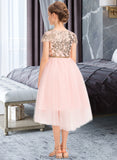 Kayleigh A-Line Scoop Neck Asymmetrical Tulle Junior Bridesmaid Dress With Sequins STKP0013531