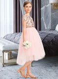 Kayleigh A-Line Scoop Neck Asymmetrical Tulle Junior Bridesmaid Dress With Sequins STKP0013531