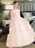 Taniyah Ball-Gown/Princess Scoop Neck Floor-Length Tulle Junior Bridesmaid Dress With Flower(s) Bow(s) STKP0013534