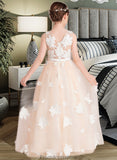 Taniyah Ball-Gown/Princess Scoop Neck Floor-Length Tulle Junior Bridesmaid Dress With Flower(s) Bow(s) STKP0013534